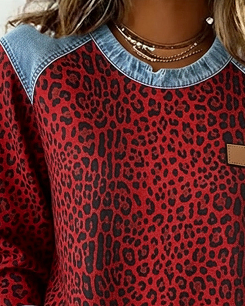 MaryAnne® | Sweatshirt Leopard Print Denim Patchwork