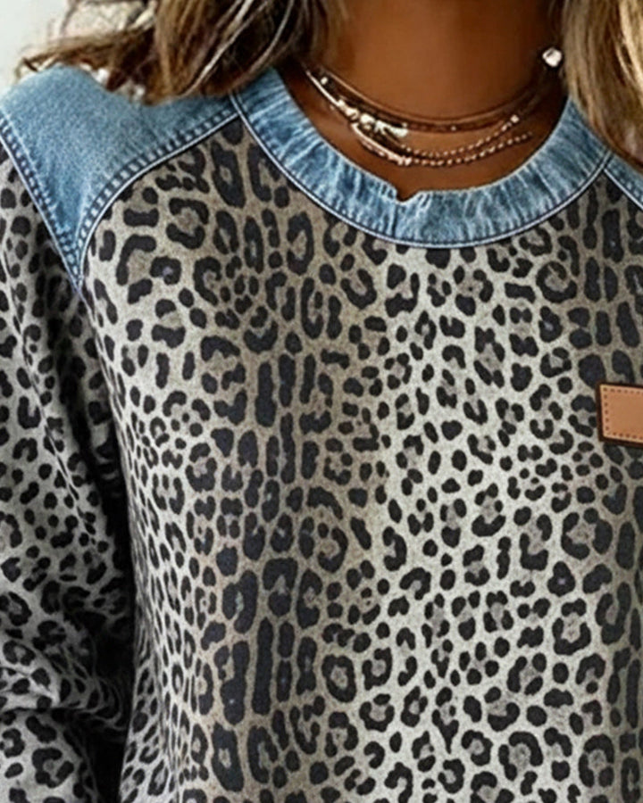 MaryAnne® | Sweatshirt Leopard Print Denim Patchwork