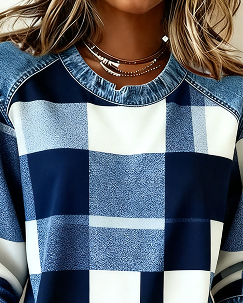 MaryAnne® | Sweatshirt with Check Patchwork and Contrast Color