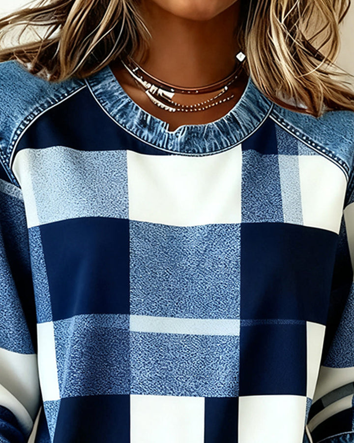 MaryAnne® | Sweatshirt with Check Patchwork and Contrast Color