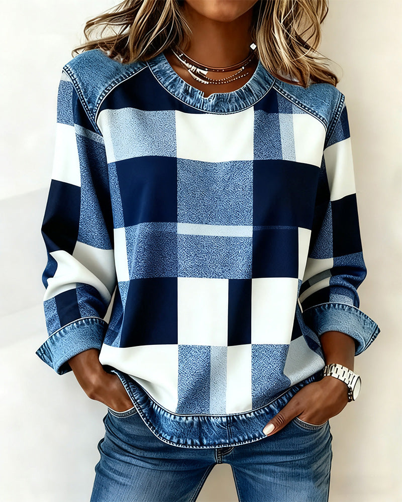 MaryAnne® | Sweatshirt with Check Patchwork and Contrast Color