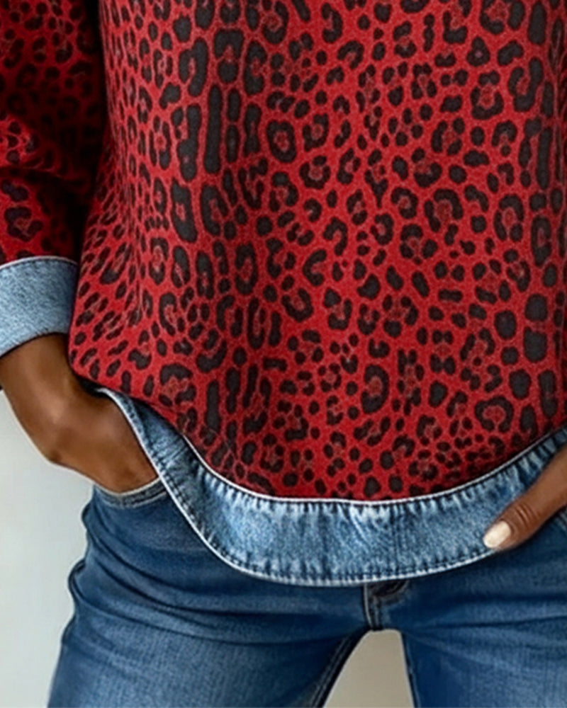 MaryAnne® | Sweatshirt Leopard Print Denim Patchwork