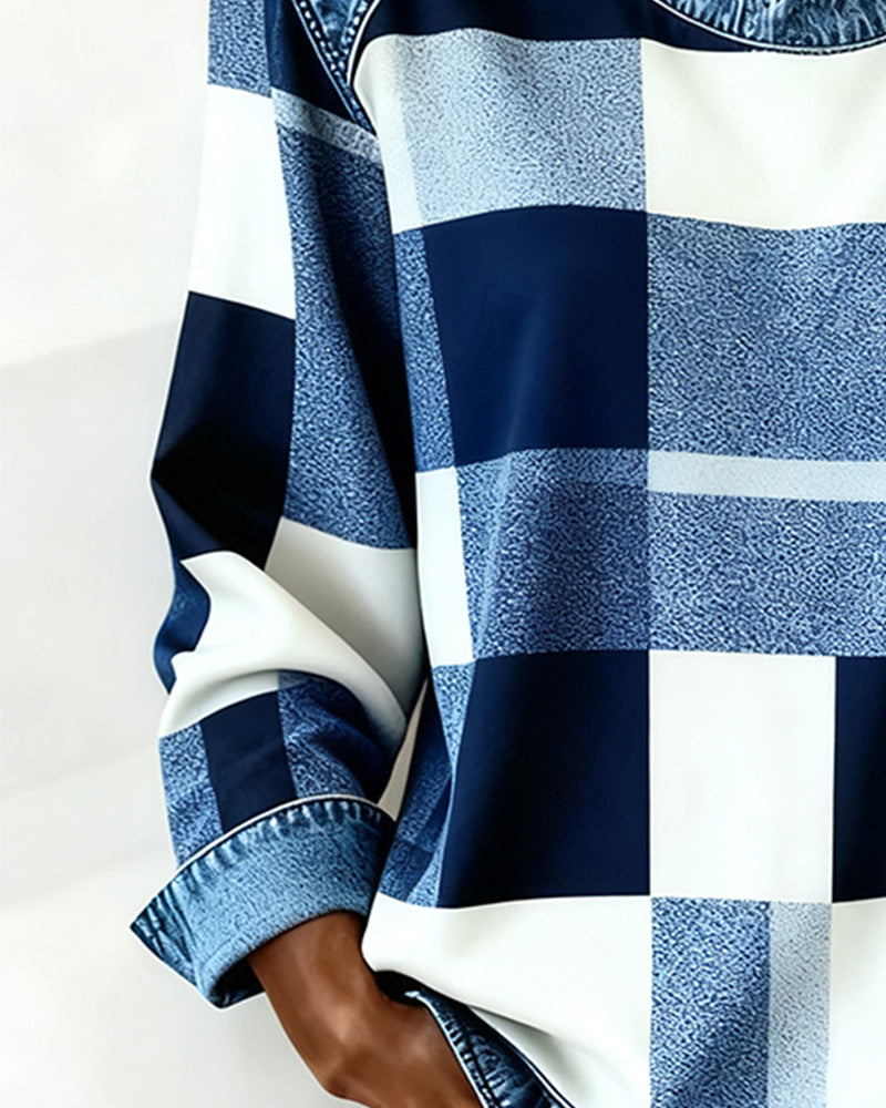 MaryAnne® | Sweatshirt with Check Patchwork and Contrast Color