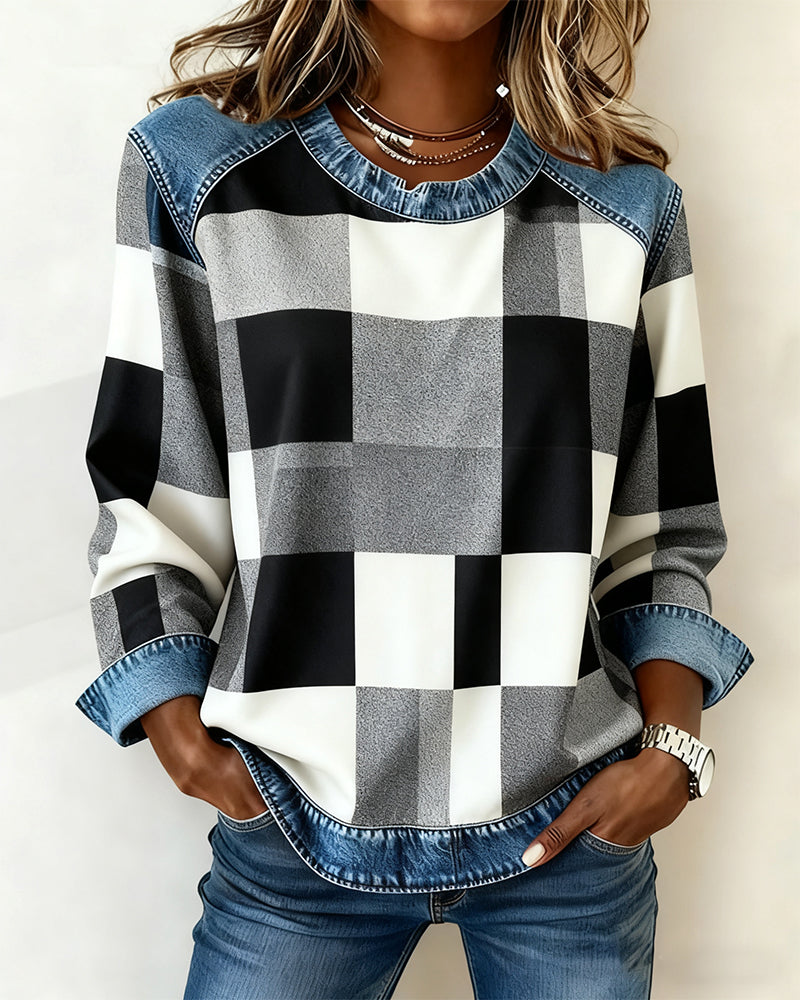 MaryAnne® | Sweatshirt with Check Patchwork and Contrast Color