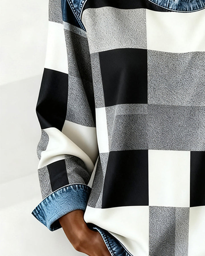 MaryAnne® | Sweatshirt with Check Patchwork and Contrast Color