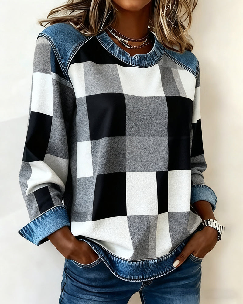 MaryAnne® | Sweatshirt with Check Patchwork and Contrast Color