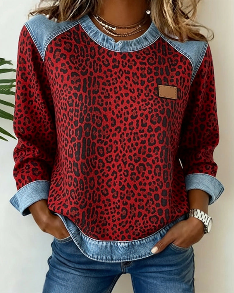 MaryAnne® | Sweatshirt Leopard Print Denim Patchwork