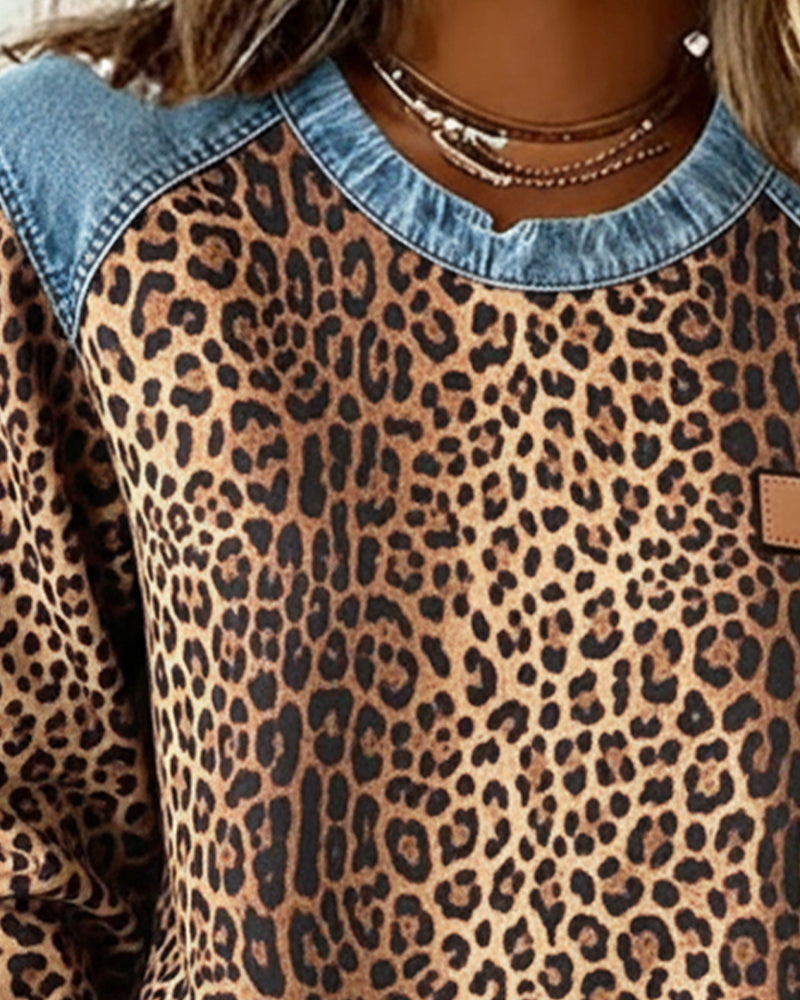 MaryAnne® | Sweatshirt Leopard Print Denim Patchwork